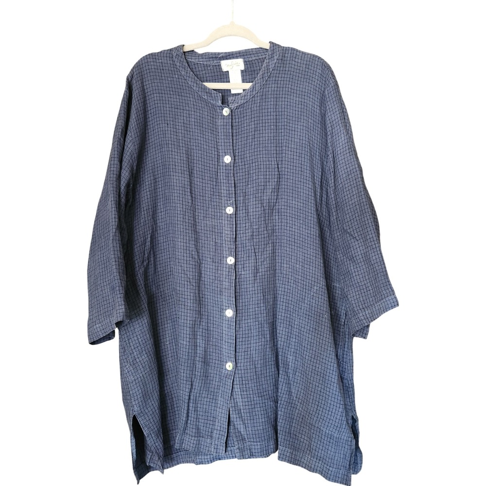 Vtg Mosaic USA 100% Linen Tunic‎ Top Women's L Long Sleeves Pockets Blue Check